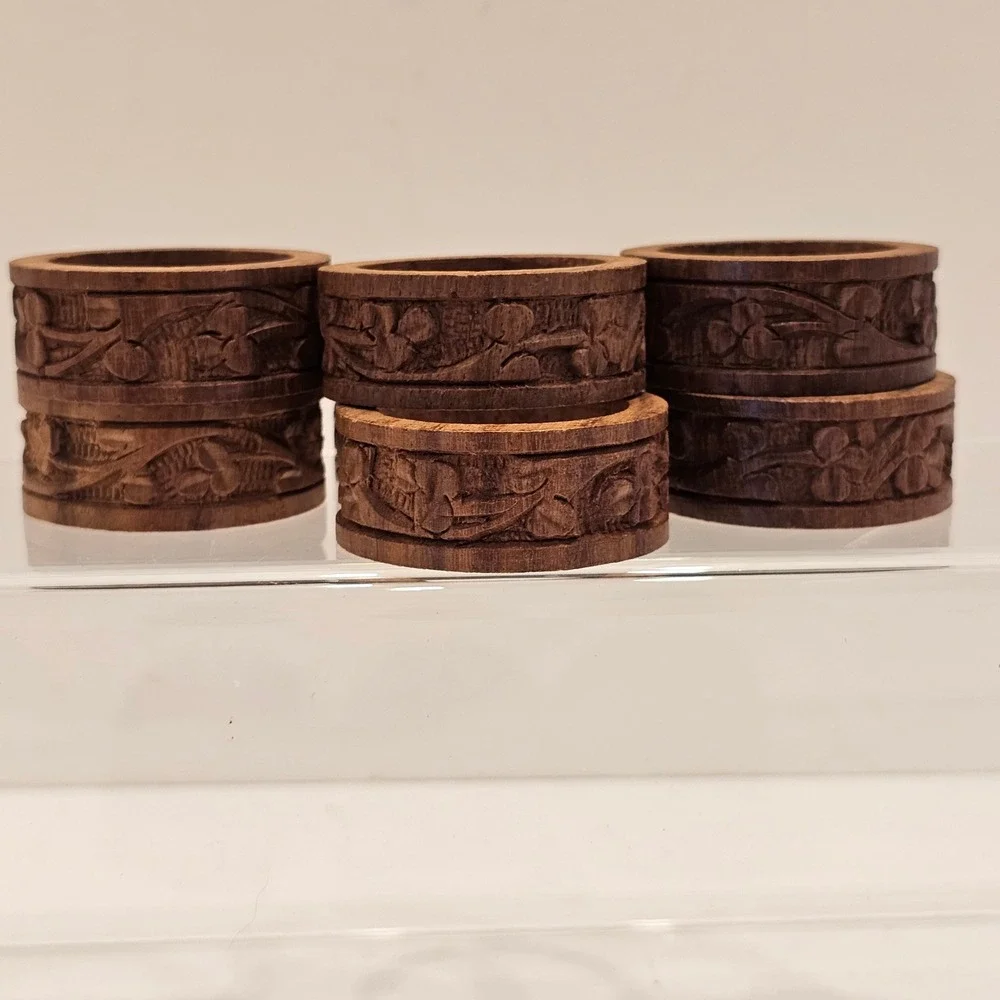 Vintage Hand Carved Wood Napkin Rings Set of 7 Floral Brown Rustic Boho Decor